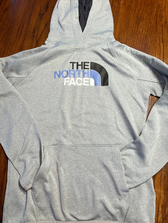 The North Face Tops - The North Face Light Gray Hoodie with Black, Blue & White Logo
